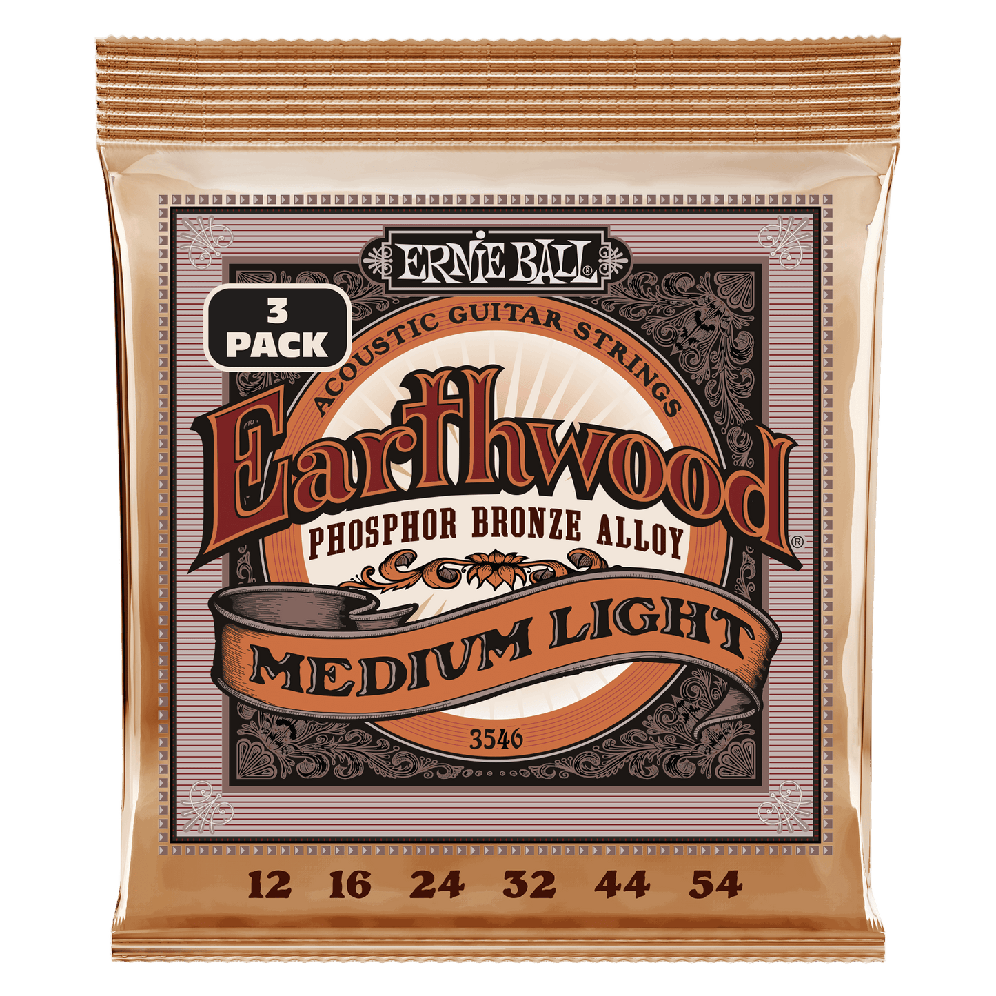 Ernie Ball Earthwood Medium Light Phosphor Bronze Acoustic Guitar Strings, 12-54 Gauge - 3 Pack